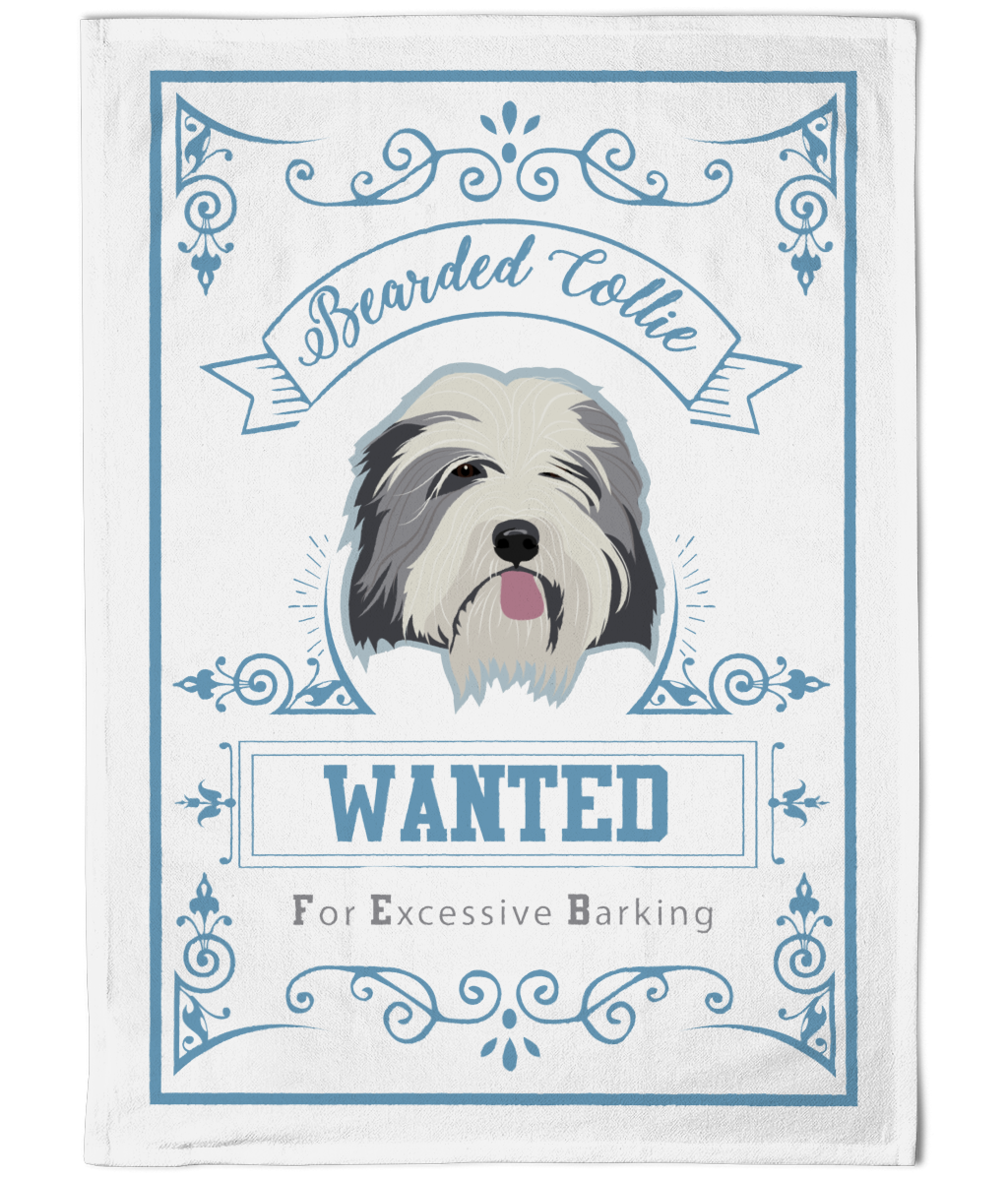 Cotton Tea Towel Featuring the Bearded Collie in White