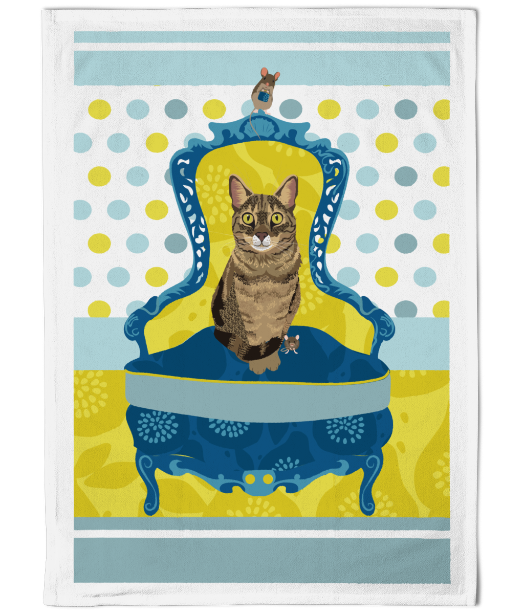 Tabby Cat and Mouse Cotton Tea Towel