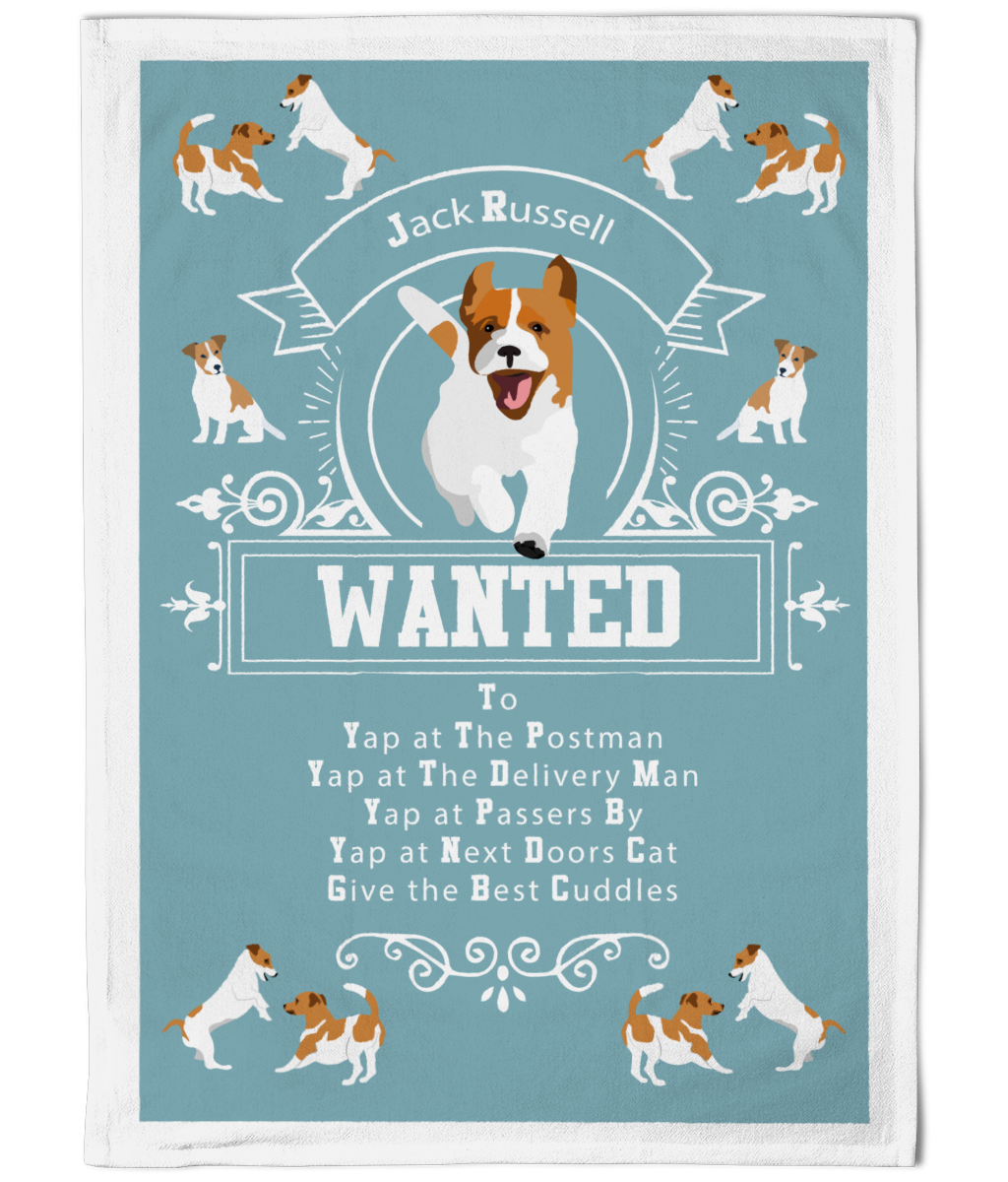 Jack Russell Wanted Cotton Tea Towel Blue