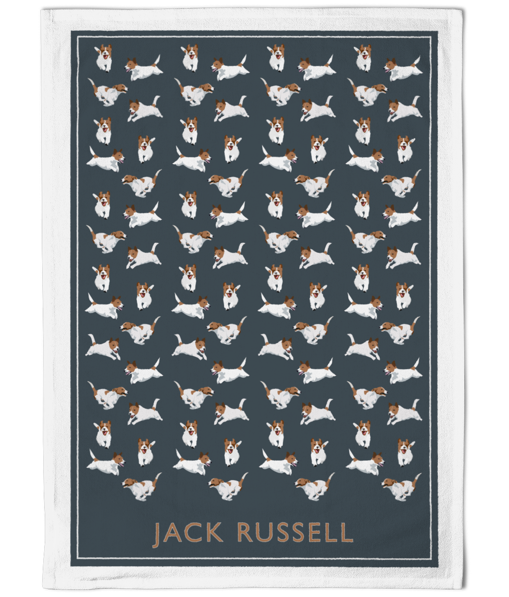 Jack Russell Cotton Tea Towel in Dark Grey-Blue