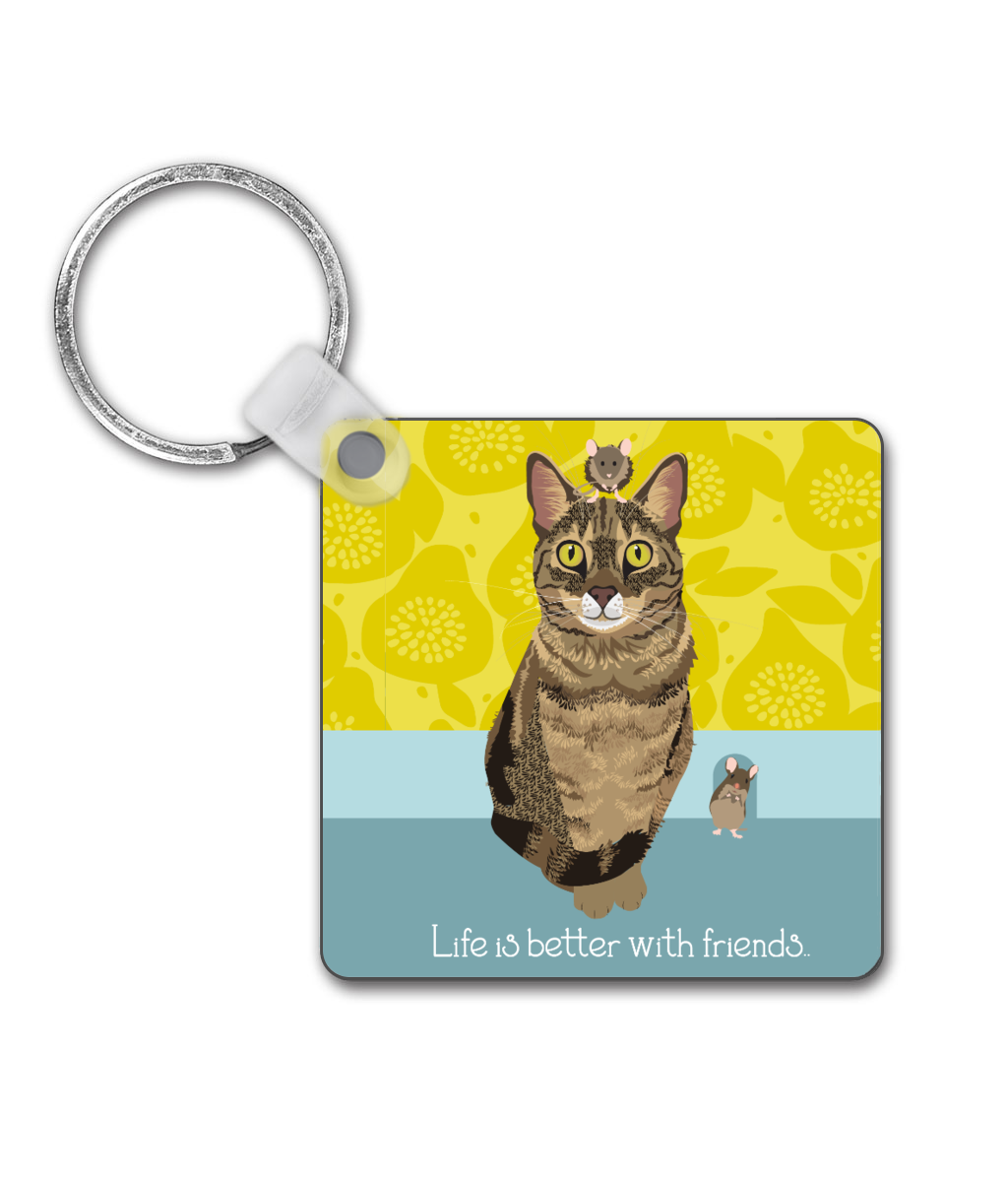 Tabby Cat 'Life Is Better With Friends' Square Keyring