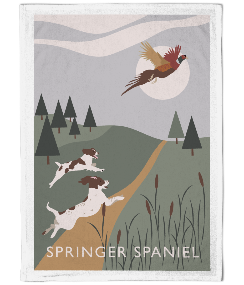 Springer Spaniels Chasing a Pheasant Cotton Tea Towel